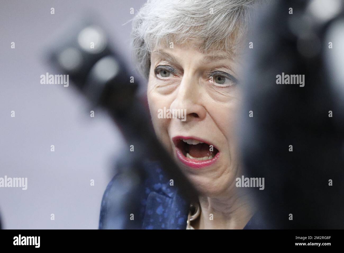La première ministre du Royaume-Uni Theresa May arrive le premier jour de la réunion au sommet de l'UE, le jeudi 21 mars 2019, au siège de l'Union européenne à Bruxelles. BELGA PHOTO THIERRY ROGE Banque D'Images