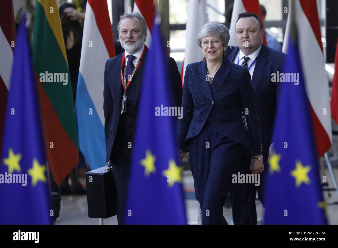 La première ministre du Royaume-Uni Theresa May arrive le premier jour de la réunion au sommet de l'UE, le jeudi 21 mars 2019, au siège de l'Union européenne à Bruxelles. BELGA PHOTO THIERRY ROGE Banque D'Images