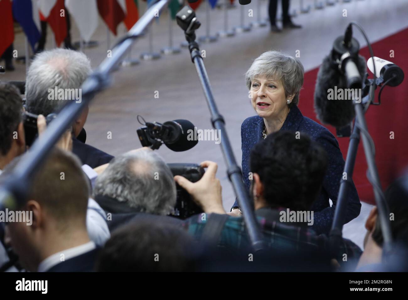 La première ministre du Royaume-Uni Theresa May arrive le premier jour de la réunion au sommet de l'UE, le jeudi 21 mars 2019, au siège de l'Union européenne à Bruxelles. BELGA PHOTO THIERRY ROGE Banque D'Images