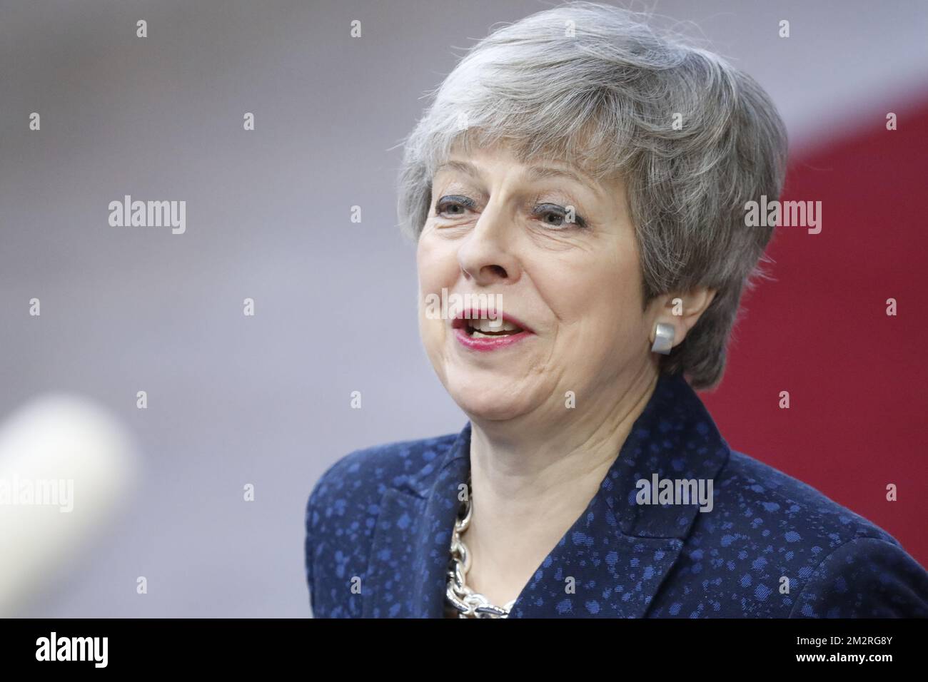 La première ministre du Royaume-Uni Theresa May arrive le premier jour de la réunion au sommet de l'UE, le jeudi 21 mars 2019, au siège de l'Union européenne à Bruxelles. BELGA PHOTO THIERRY ROGE Banque D'Images