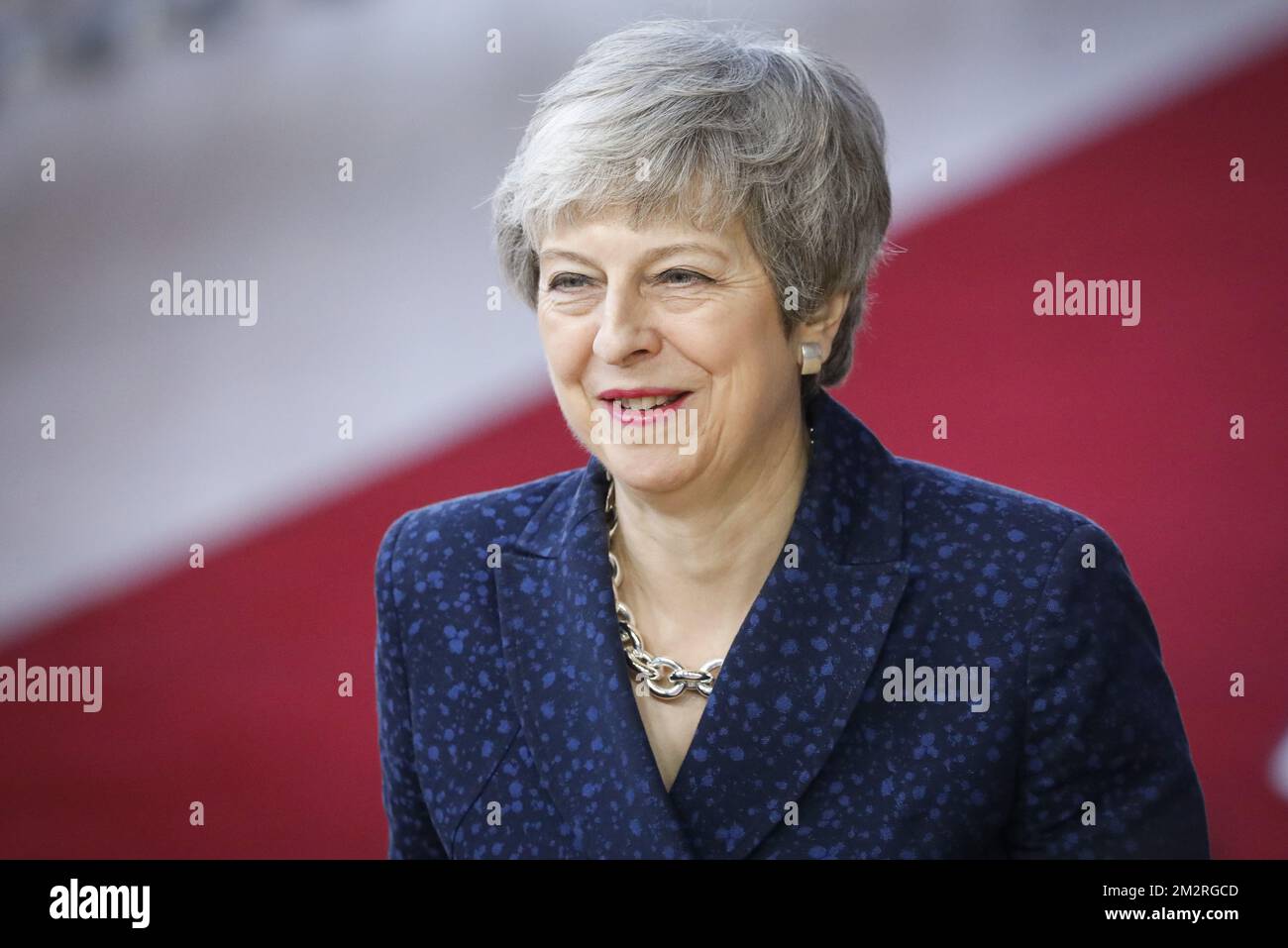 La première ministre du Royaume-Uni Theresa May arrive le premier jour de la réunion au sommet de l'UE, le jeudi 21 mars 2019, au siège de l'Union européenne à Bruxelles. BELGA PHOTO THIERRY ROGE Banque D'Images