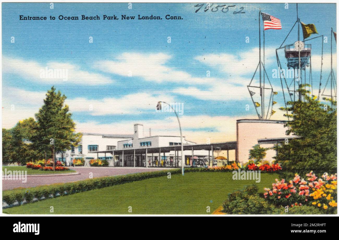 Entrée à Ocean Beach Park, New London, Connecticut , Installations sportives et récréatives, Collection Tichnor Brothers, cartes postales des États-Unis Banque D'Images