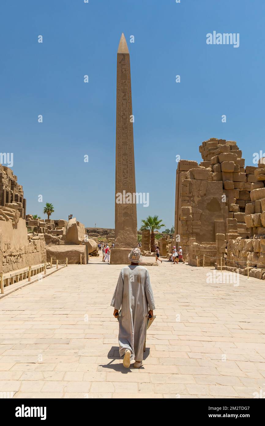 Un paysage de sculptures en pierre dans le célèbre temple de Karnak sous la lumière du soleil et le ciel bleu à Louxor, Egypte Banque D'Images