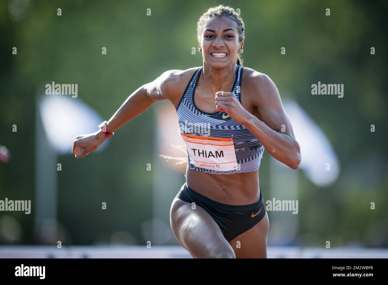 Nafissatou Nafi Thiam en action lors de la course féminine 100m haies à la rencontre internationale d'athlétisme 'Gouden Spike', à Leiden, aux pays-Bas, le samedi 08 juin 2019. BELGA PHOTO JASPER JACOBS Banque D'Images