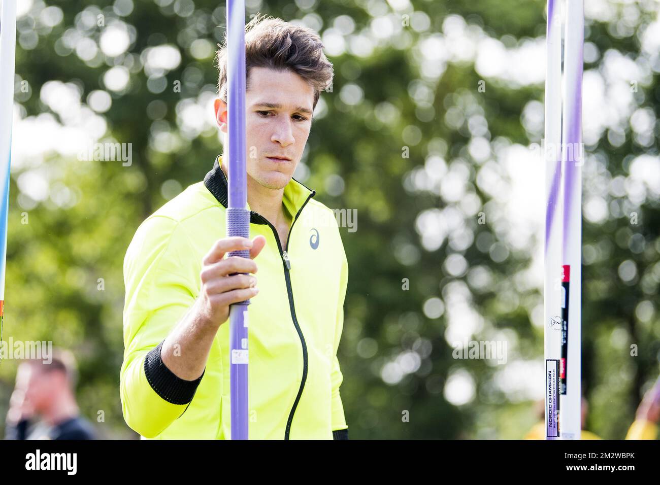 Le Belge Thomas Van Der Plaetsen photographié en action pendant le lancement de Javelin masculin lors de la rencontre internationale d'athlétisme « Gouden Spike », à Leiden, aux pays-Bas, le samedi 08 juin 2019. BELGA PHOTO JASPER JACOBS Banque D'Images