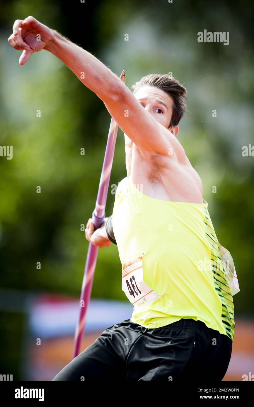 Le Belge Thomas Van Der Plaetsen photographié en action pendant le lancement de Javelin masculin lors de la rencontre internationale d'athlétisme « Gouden Spike », à Leiden, aux pays-Bas, le samedi 08 juin 2019. BELGA PHOTO JASPER JACOBS Banque D'Images