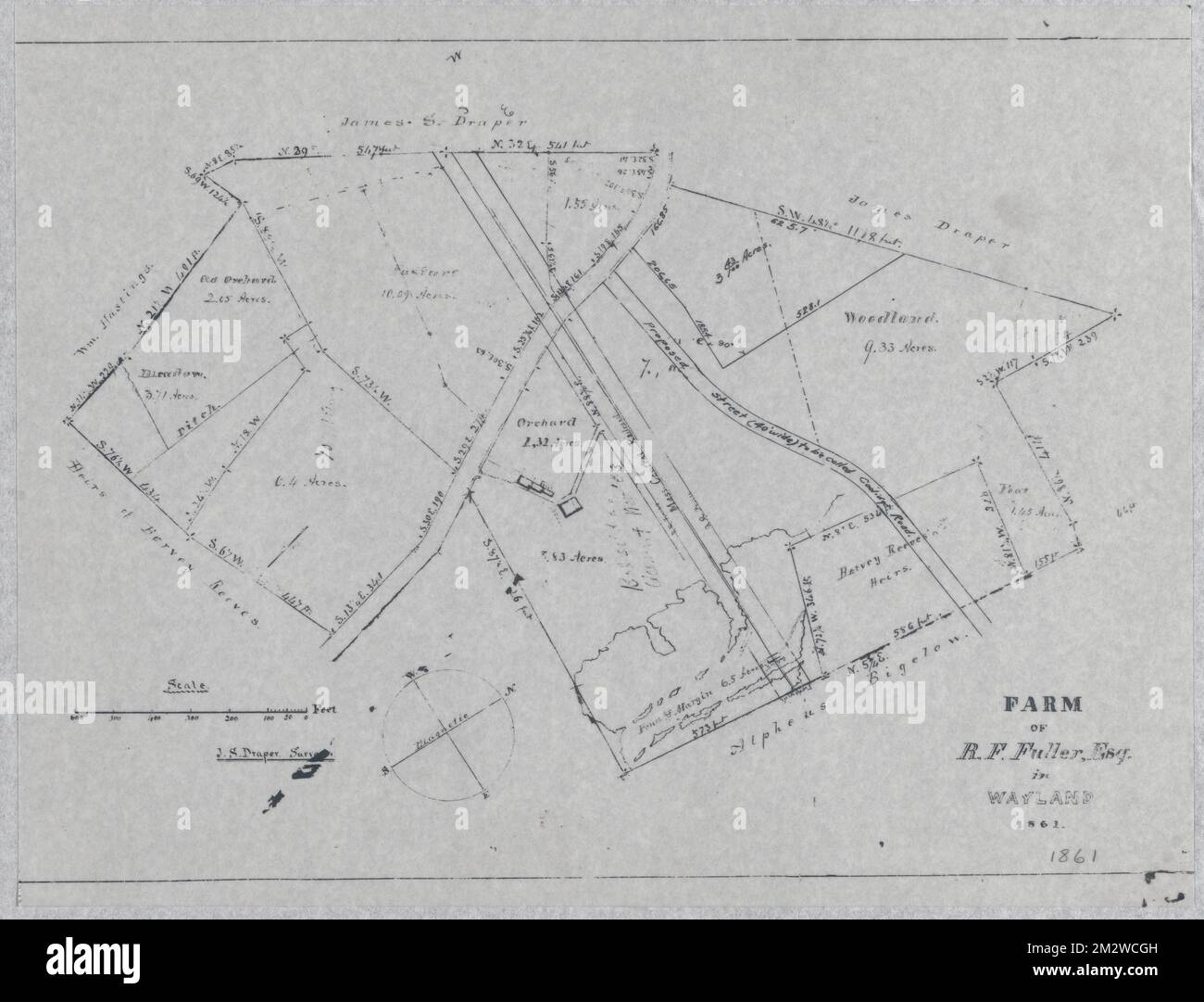 Ferme de R. F. Fuller Esq. , Farms, Fuller, Richard F. Richard Frederick, 1824-1869, Reeves, Hervey, 1789-1834, Bigelow, Alpheus, 1819-, Hastings, William, 1800-1887. Plans et cartes historiques de Wayland Banque D'Images