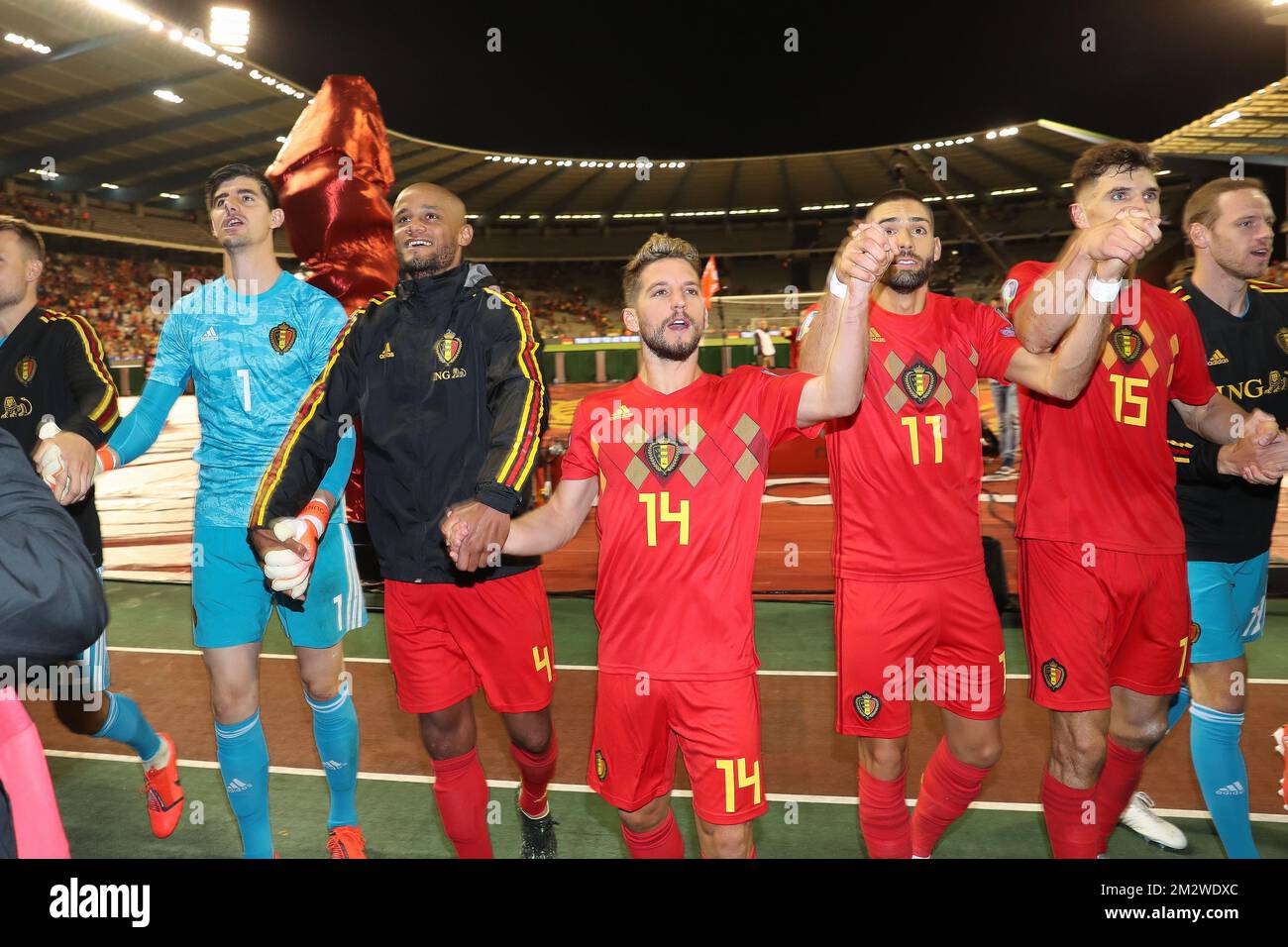 Les joueurs belges célèbrent après un match de football entre l'équipe nationale belge les Red Devils et l'Écosse, mardi 11 juin 2019 à Bruxelles, un match de qualification de l'UEFA Euro 2020. BELGA PHOTO BRUNO FAHY Banque D'Images