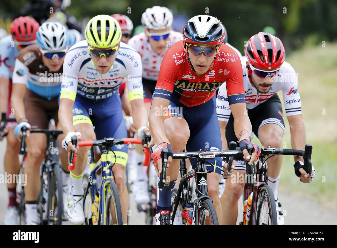 Dylan Belge Teuns of Bahrain-Merida photographié en action pendant la sixième étape de l'édition 106th de la course cycliste Tour de France, de Mulhouse - la Planche des belles filles (160,5 km), jeudi 11 juillet 2019 en France. Le Tour de France de cette année commence à Bruxelles et se déroule de 6 juillet à 28 juillet. BELGA PHOTO YUZURU SUNADA FRANCE OUT Banque D'Images