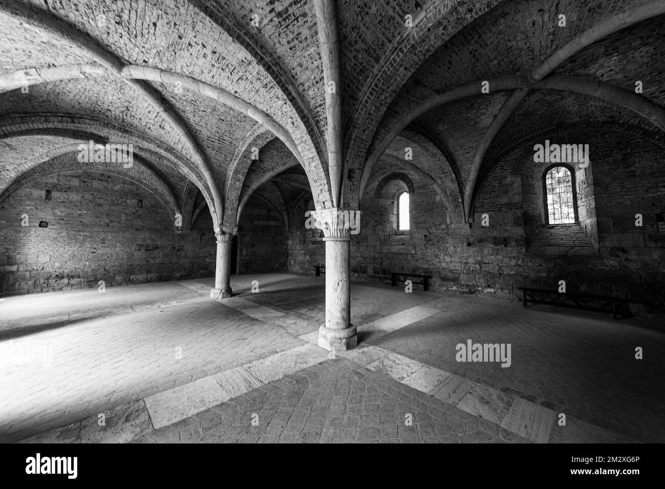 Voûte des ruines de l'église de l'abbaye de San Galgano, photo en noir et blanc, près de Monticiano, Toscane, Italie Banque D'Images