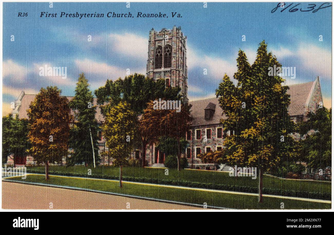 Première église presbytérienne, Roanoke, Virginie , Églises, Collection des frères Tichnor, cartes postales des États-Unis Banque D'Images