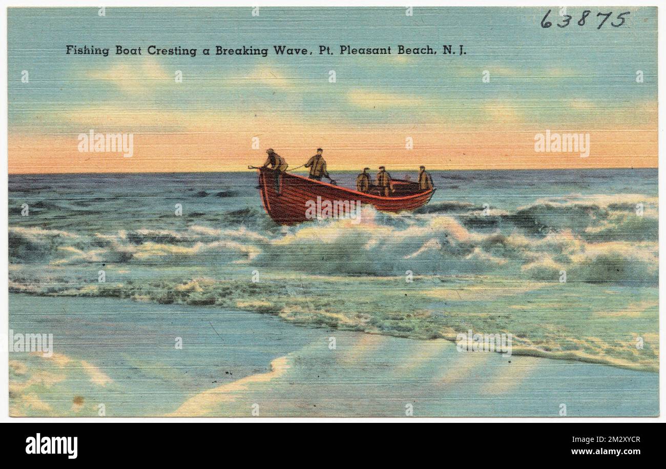 Bateau de pêche créant une vague de rupture, Pt. Pleasant Beach, N. J. , Mers, Bateaux, Collection des frères Tichnor, Cartes postales des États-Unis Banque D'Images