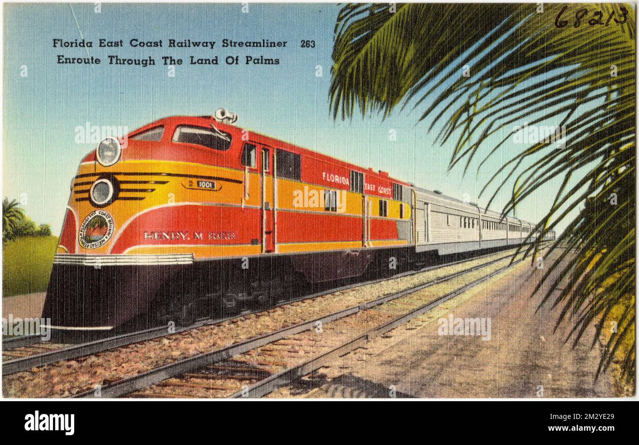 Florida East Coast Railway Streamliner en route à travers la terre des palmiers , des gares ferroviaires, Tichnor Brothers Collection, cartes postales des États-Unis Banque D'Images