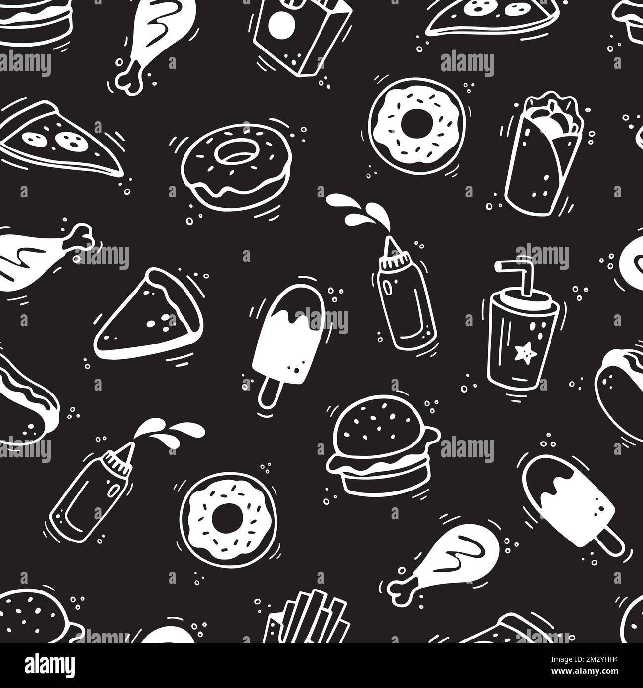 Modèle de restauration rapide. Motif sans couture dessiné à la main avec des éléments de restauration rapide, hamburger, pizza, hot-dog, beignet, cuisse de poulet, frites, bouteille de sauce. Style de croquis de doodle comique. Illustration vectorielle Illustration de Vecteur