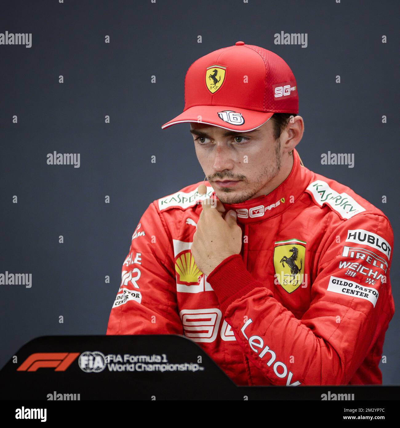 Charles Leclerc, pilote monégasque de Ferrari, photographié après les sessions de qualification avant le Grand Prix de Belgique de Formule 1 de Spa-Francorchamps, à Spa-Francorchamps, le vendredi 30 août 2019. BELGA PHOTO NICOLAS LAMBERT Banque D'Images