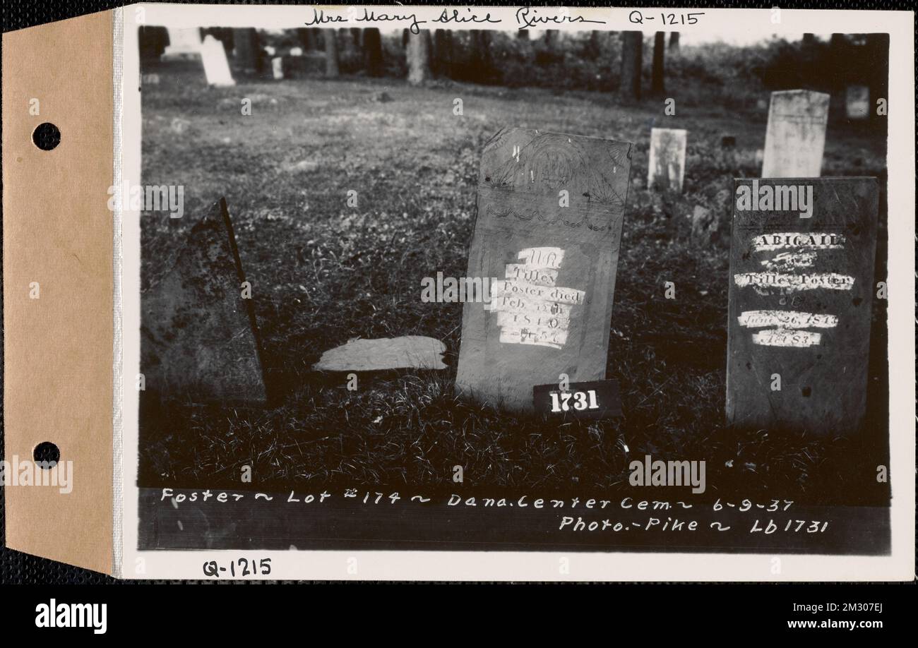 Foster, cimetière du Centre Dana, lot 174, Dana, Massachusetts, 9 juin 1937 : Mme Mary Alice Rivers, Q-1215 , ouvrages d'eau, réservoirs, ouvrages de distribution d'eau, immobilier, cimetières Banque D'Images
