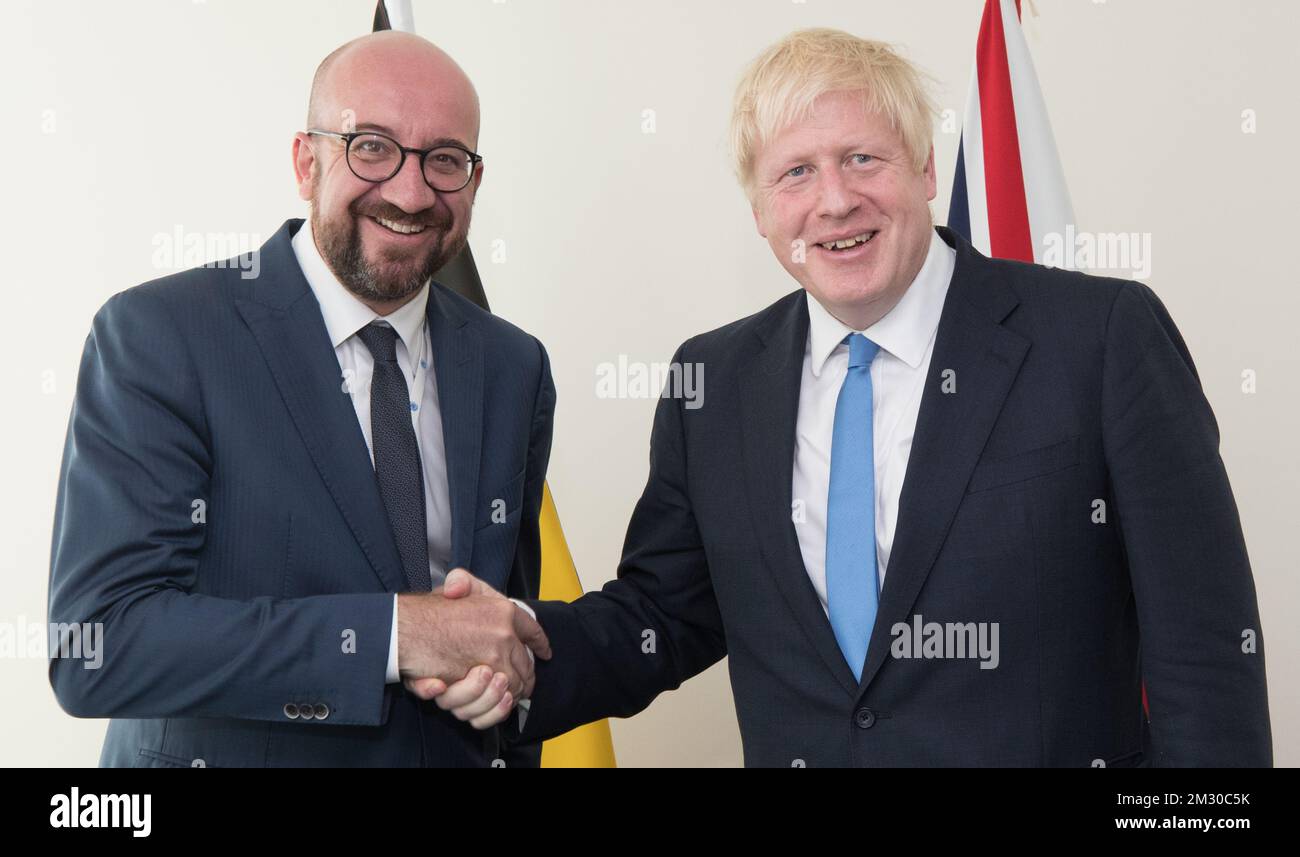 Le Premier ministre belge Charles Michel rencontre le Premier ministre britannique Boris Johnson lors de la session de 74th de l'Assemblée générale des Nations Unies (AGNU 74), à New York (États-Unis d'Amérique), le lundi 23 septembre 2019. BELGA PHOTO BENOIT DOPPAGNE Banque D'Images