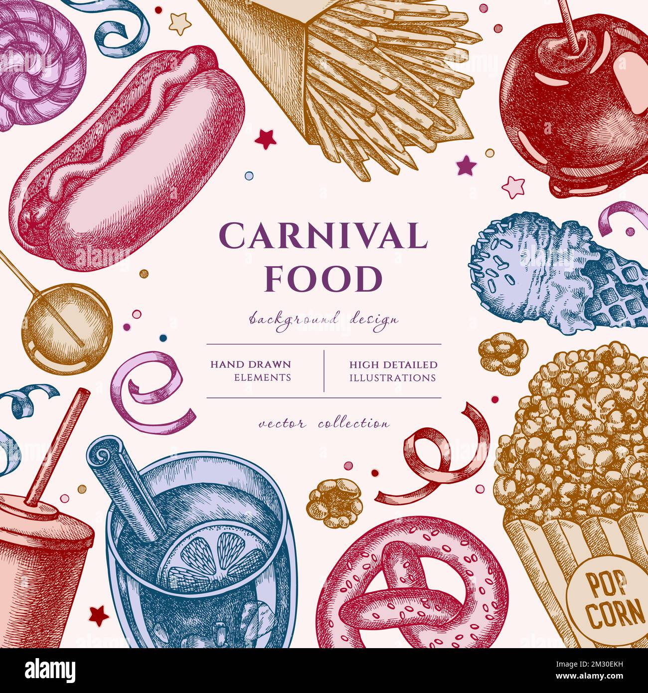 Dessin d'illustration de Carnival Food dessiné à la main. Arrière-plan avec frites vintage, bretzel, pop-corn, limonade, hot dog, vin chaud, pomme caramel Illustration de Vecteur