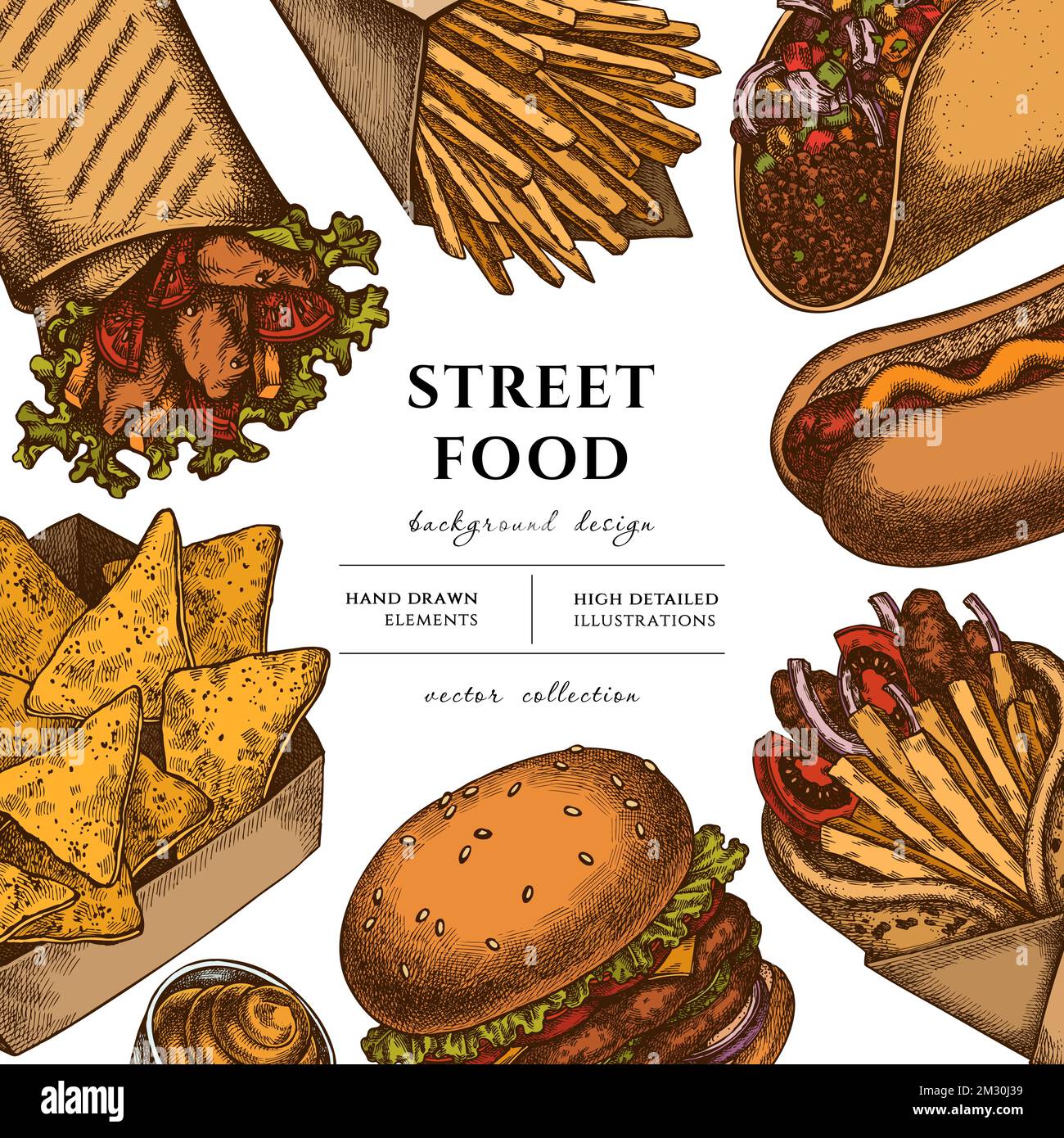 Décoration de rue dessinée à la main. Fond avec sauces rétro, nachos, gyros, hamburgers, tacos, shawarma, frites, hot dog. Illustration de Vecteur