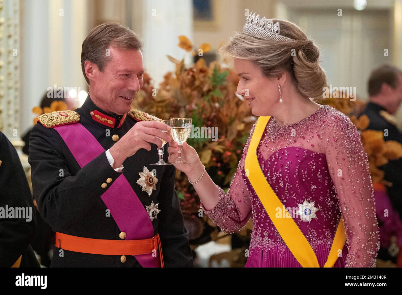 Le Grand-duc Jean de Luxembourg accueille avec la reine Mathilde de Belgique un banquet d'État organisé par le Grand-duc en l'honneur du roi et de la reine de Belgique, le premier jour d'une visite d'État de trois jours du couple royal belge à Luxembourg, le mardi 15 octobre 2019, à Luxembourg. PISCINE PHOTO DE BELGA CHRISTOPHE LICOPPE Banque D'Images