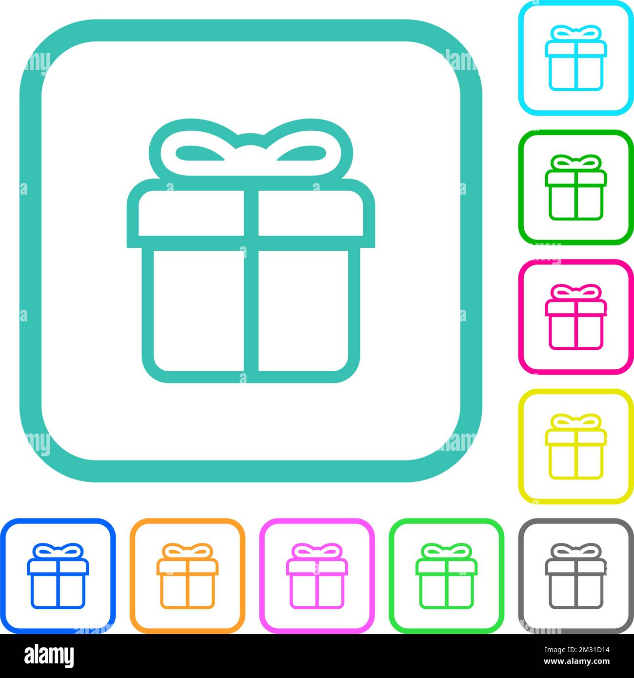 La boîte cadeau présente des icônes plates aux couleurs vives sur fond blanc, avec des bordures incurvées Illustration de Vecteur