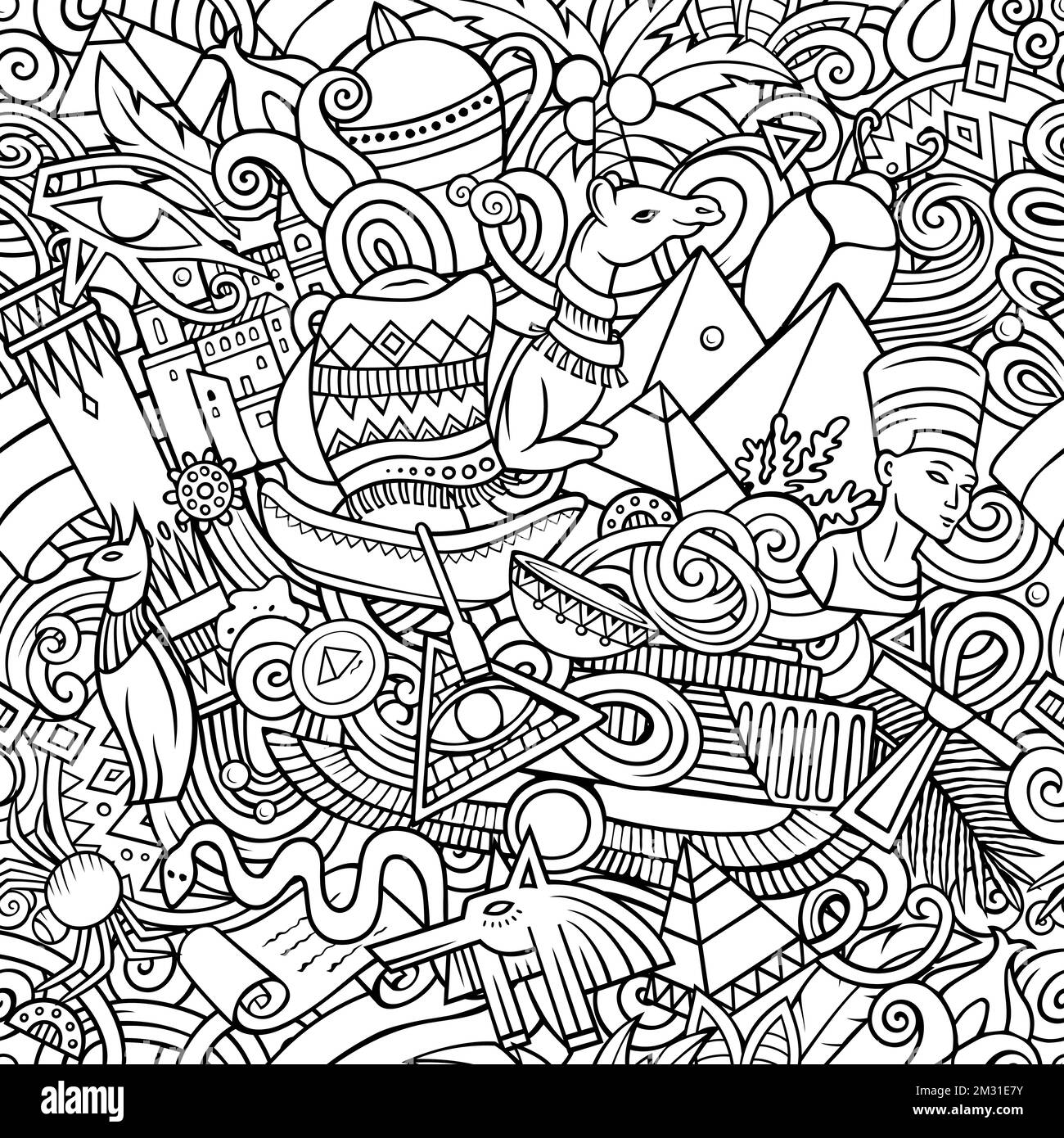 Dessin animé griffé motif Égypte sans couture. Toile de fond avec des symboles et des articles de la culture égyptienne locale. Arrière-plan esquissé pour un imprimé sur le tissu, le textile et l'accueil Illustration de Vecteur
