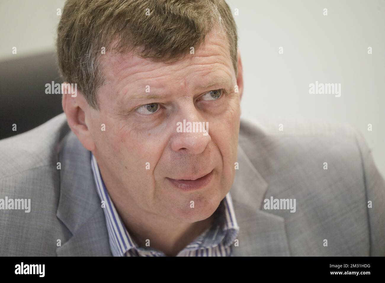 PS' Jean-Marc Delizee photographié lors d'une audition de la commission de la mobilité, des entreprises publiques et des infrastructures sur la situation de l'organisation belge de contrôle de la circulation aérienne Skeyes, mardi 19 novembre 2019, au Parlement fédéral à Bruxelles. BELGA PHOTO THIERRY ROGE Banque D'Images