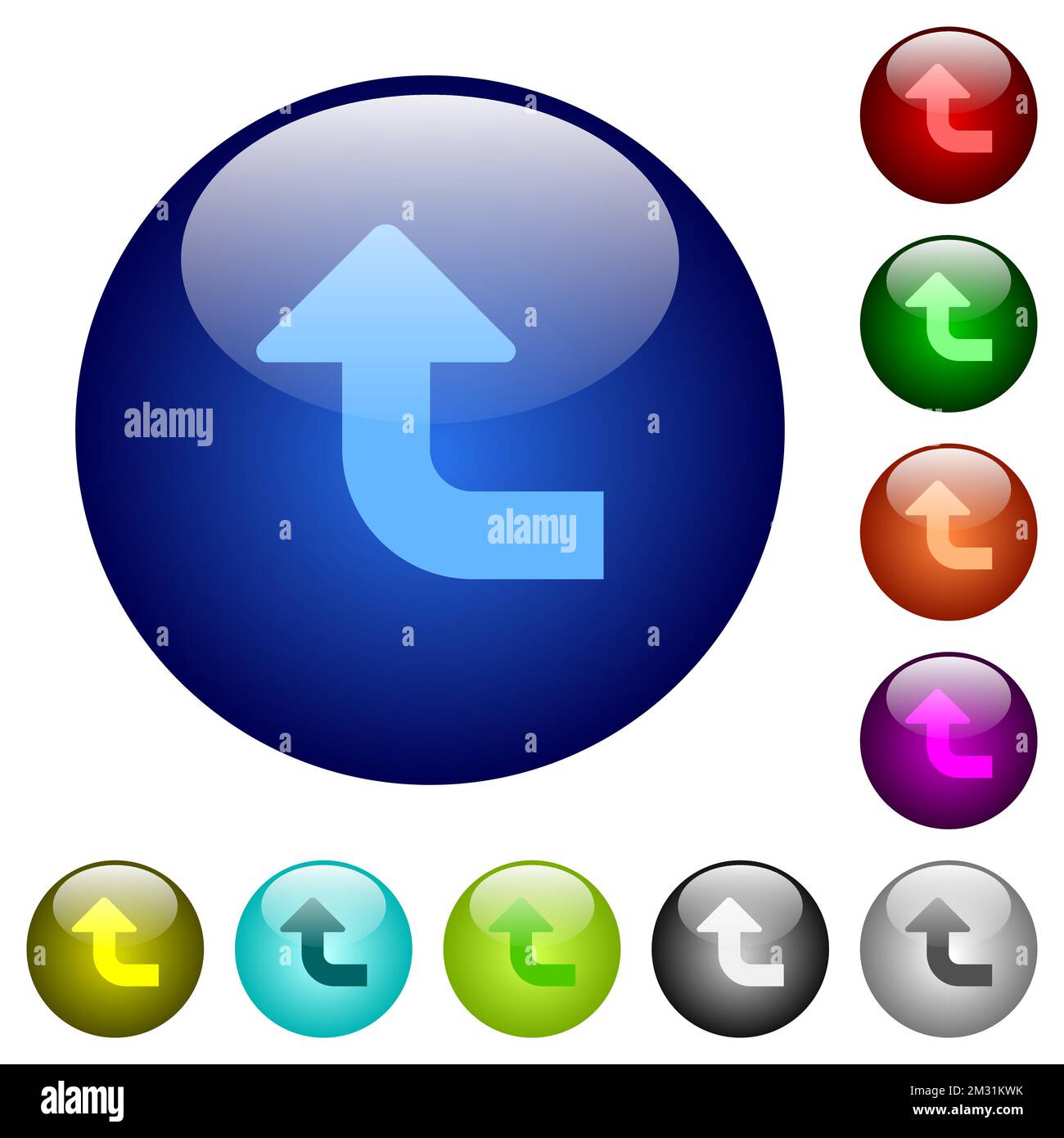 Côté supérieur gauche tourner les icônes en forme de flèche sur les boutons ronds en verre de plusieurs couleurs. Structure de calque organisée Illustration de Vecteur