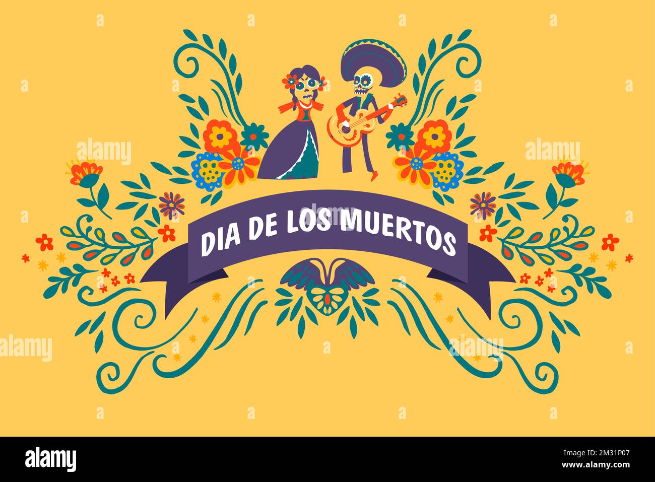 Célébration de Dia de los muertos, jour férié mexicain des morts. Affiche avec des musiciens portant des costumes de crânes. Bannière avec fleurs décoratives a Illustration de Vecteur