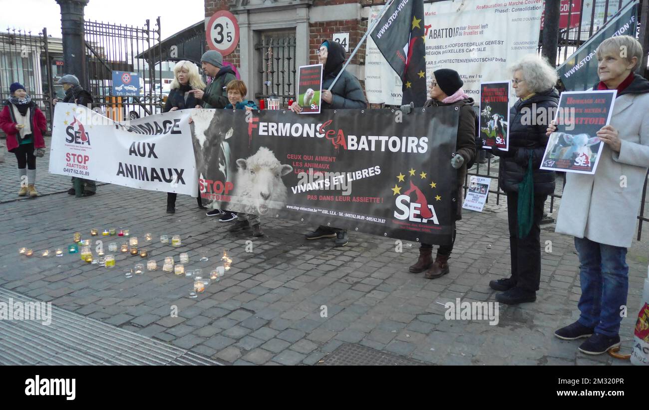 Photo concernant l'article de Belga 'Veillée devant l'abattoir d'Anderlecht pour les animaux qui seront tues pour le péter Noel', distribué aujourd'hui à BRUXELLES. MEILLEURE QUALITÉ DISPONIBLE - BELGA PHOTO OPHELIE DELAROUZEE Banque D'Images