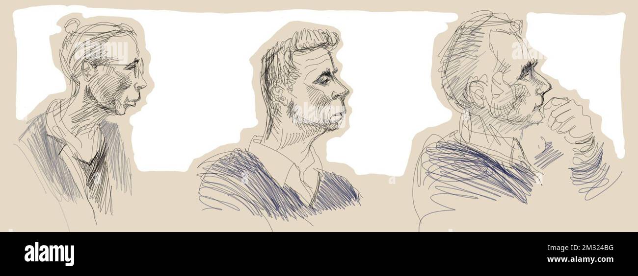 Ce dessin d'Igor preys montre les trois accusés, L-R, le psychiatre, le médecin de famille et l'inspecteur médical dans la boîte à la composition du jury de l'assizes procès de trois médecins devant la Cour d'assises de Flandre orientale, à Gand, le mardi 14 janvier 2020. Les médecins n'ont pas respecté les conditions d'euthanasie et sont accusés d'empoisonnement d'une femme de 38 ans à Sint-Niklaas en 2010. BELGA PHOTO IGOR PREYS Banque D'Images