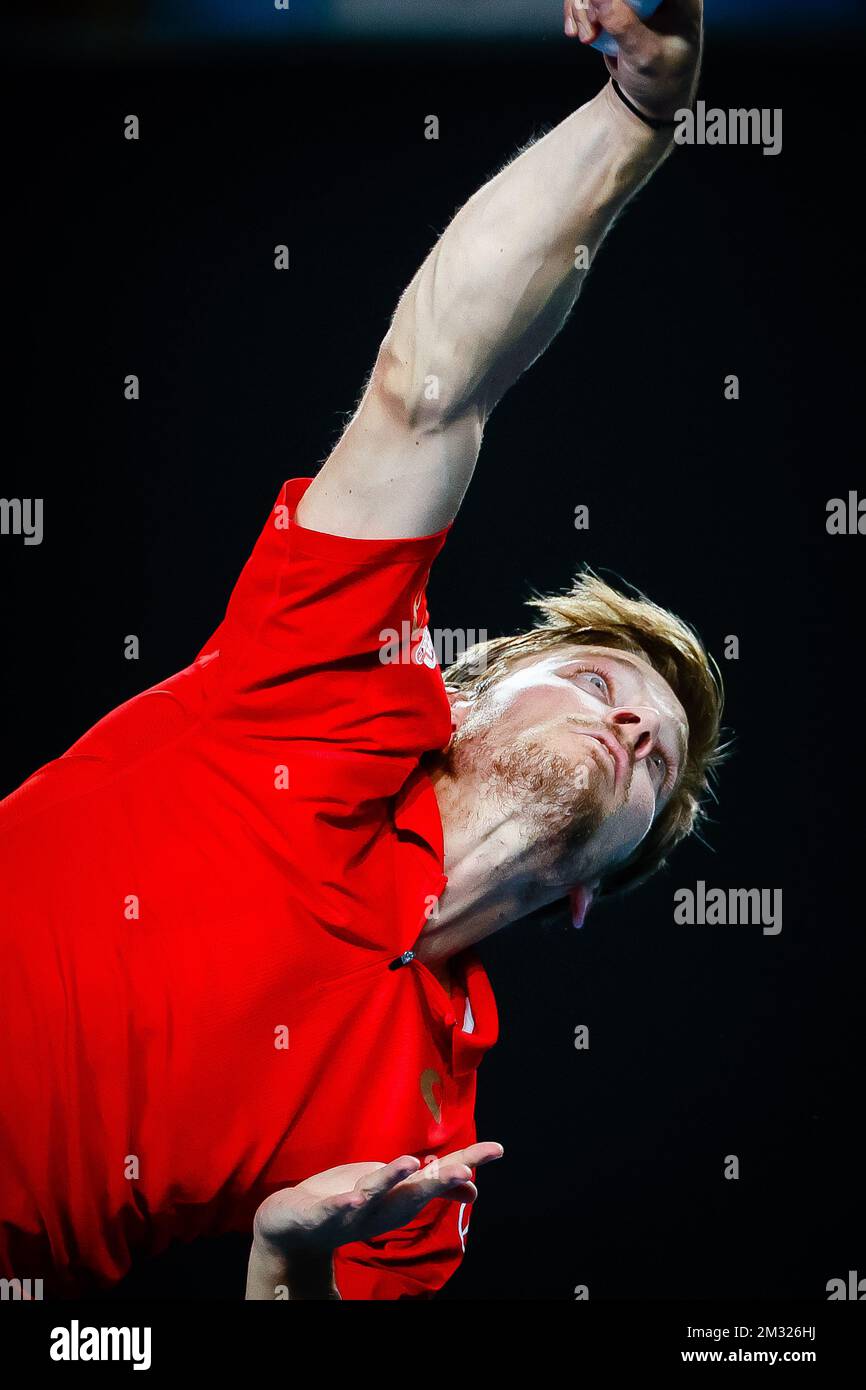 David Goffin belge photographié en action lors d'un match de tennis entre le Goffin belge (ATP 11) et la France de la Tchardy (ATP 56), lors du premier tour de la compétition de singles hommes du Grand Chelem de tennis « Australian Open », le mardi 21 janvier 2020 à Melbourne Park, Melbourne, Australie. BELGA PHOTO PATRICK HAMILTON Banque D'Images