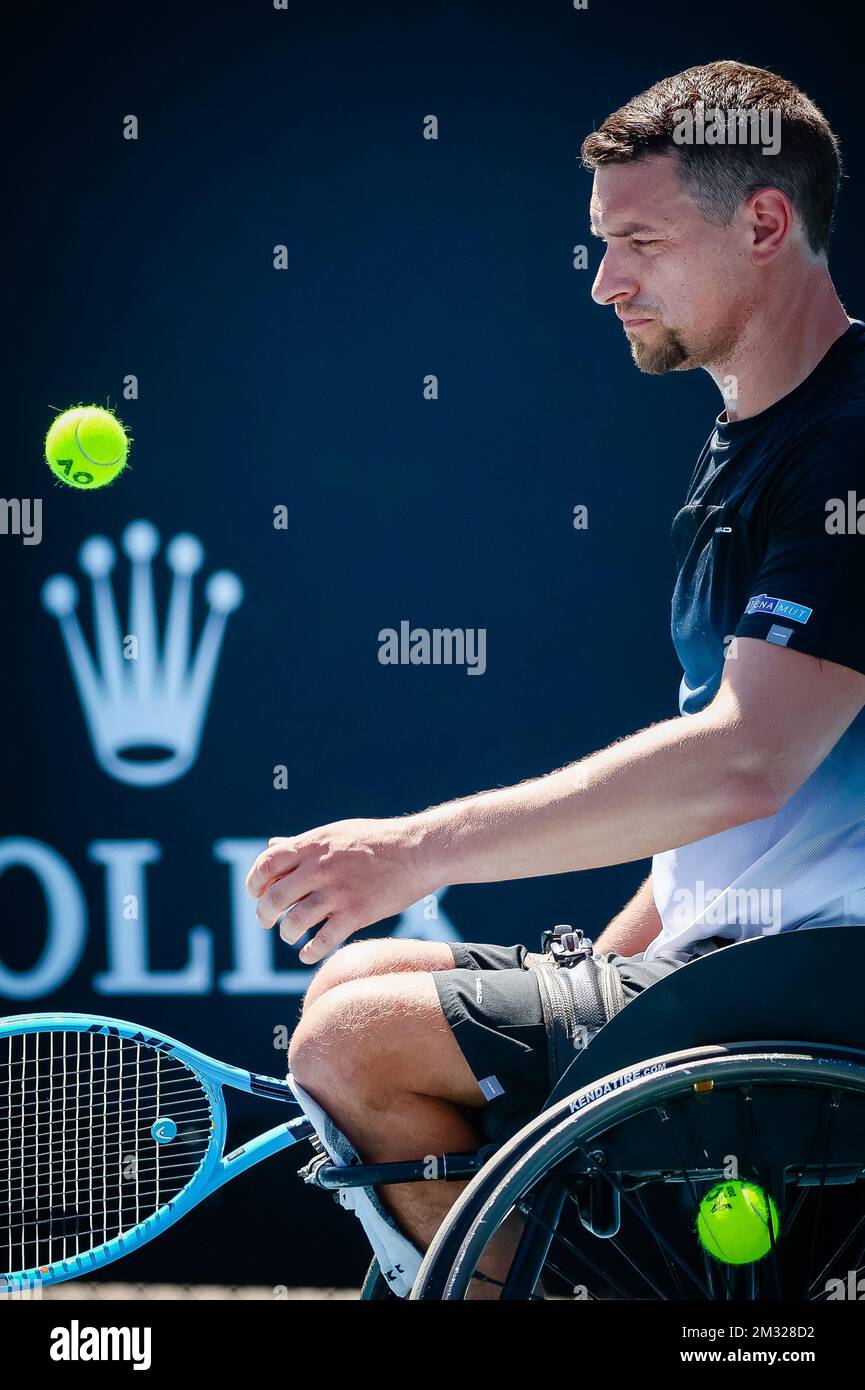 Joachim Gerard belge photographié en action lors d'un match de tennis contre l'anglais Gordon Reid dans le match des demi-finales hommes en fauteuil roulant de l'Open d'Australie Grand Chelem de tennis, jeudi 29 janvier 2020 à Melbourne Park, Melbourne, Australie.BELGA PHOTO PATRICK HAMILTON Banque D'Images