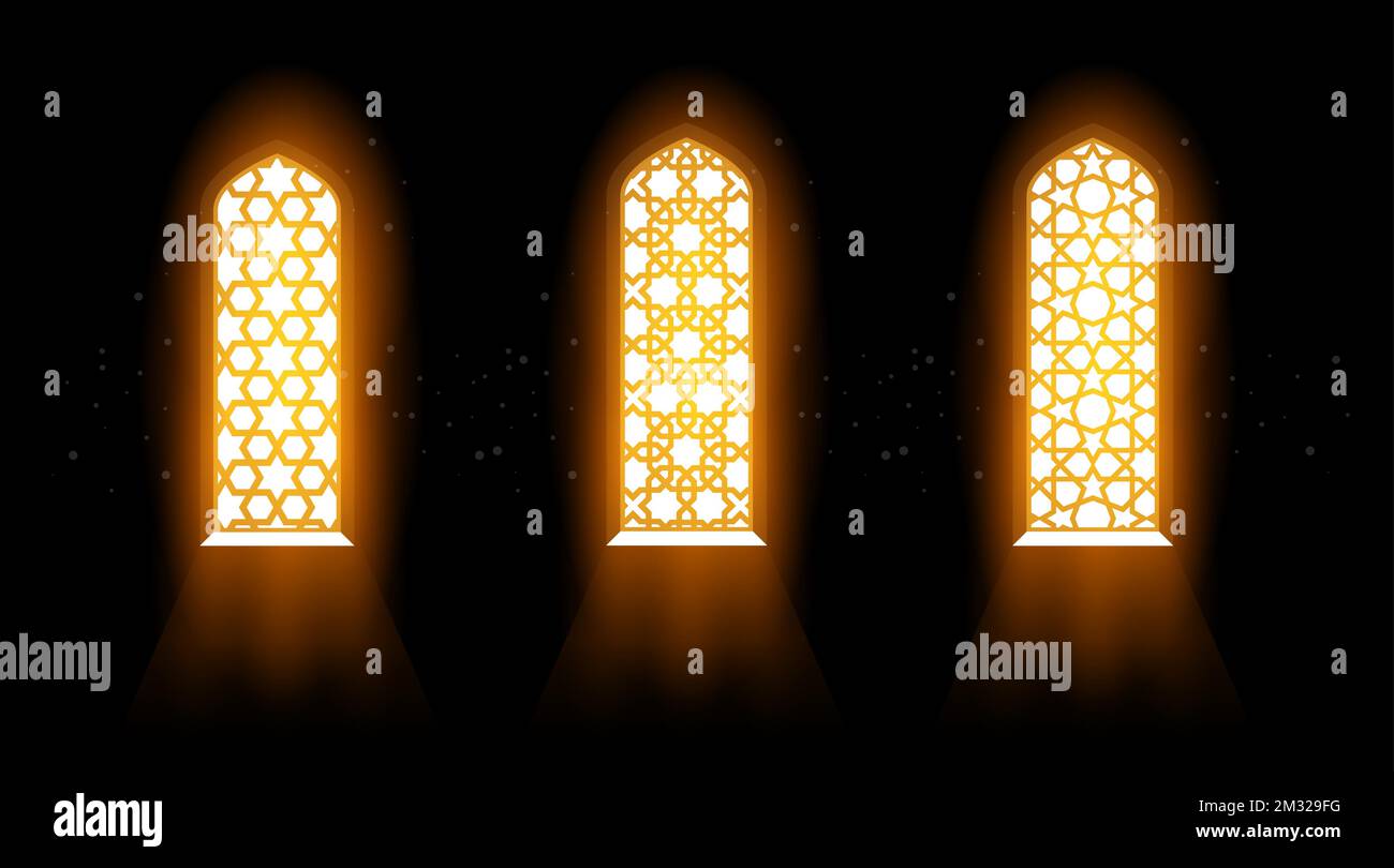 La lumière de bénédiction passe par la fenêtre de la mosquée, la radiance par la fenêtre en vitrail avec le motif de réseau arabe, vecteur Illustration de Vecteur