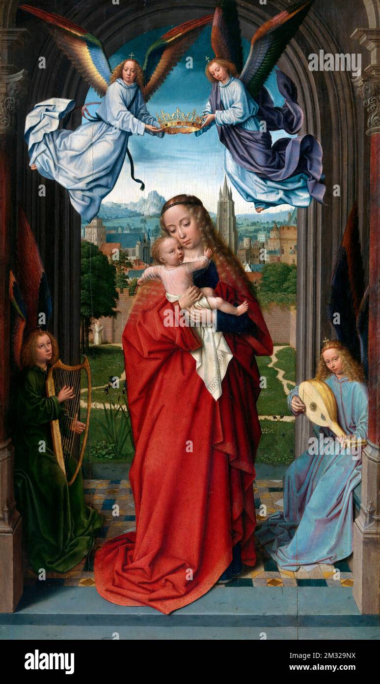 Vierge et enfant aux quatre anges par Gérard David (c.1460-1523), huile sur bois, c.1510-15. Gérard David était un ancien artiste néerlandais et son travail est classé comme primitive flamande. Banque D'Images