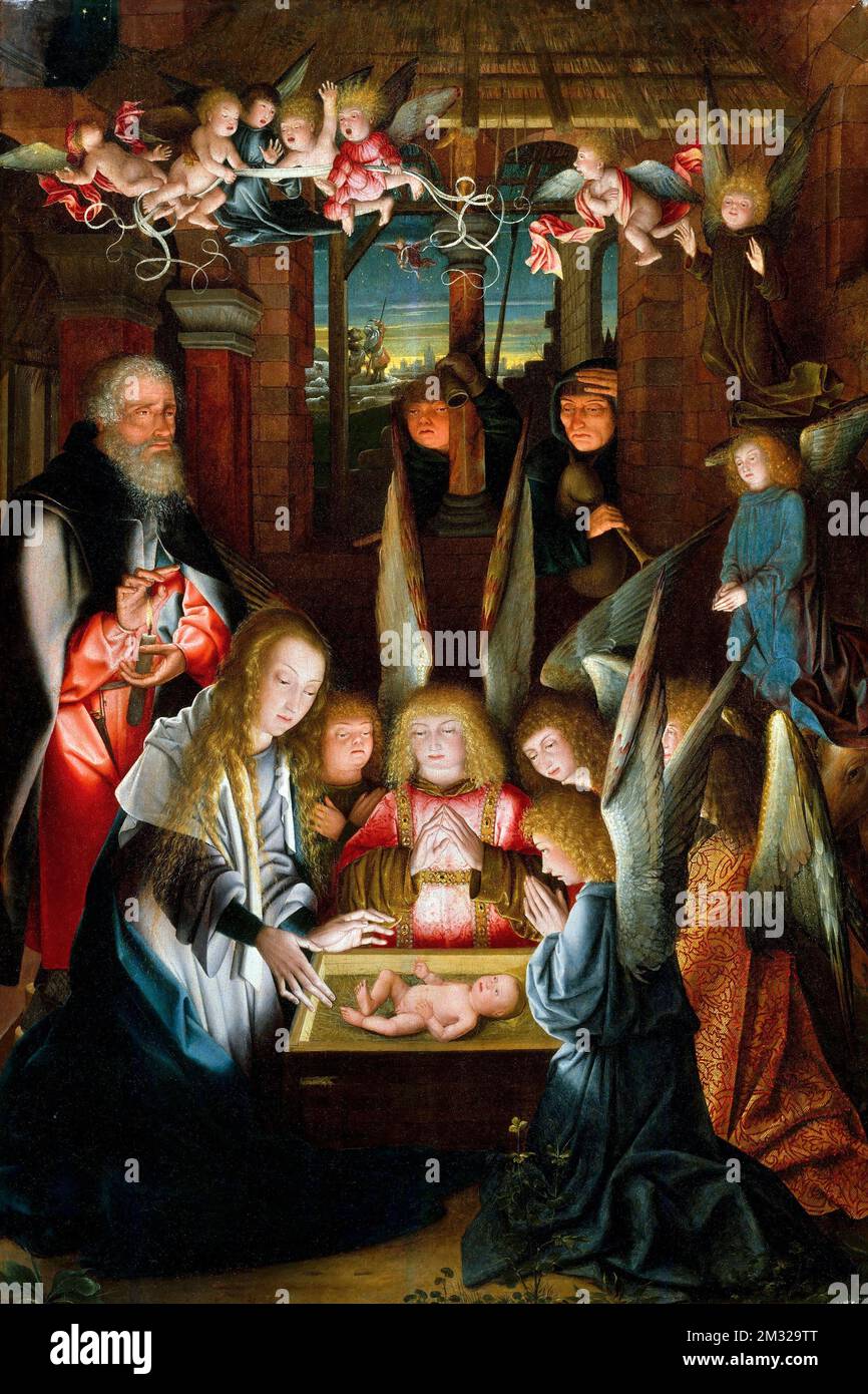 L'adoration du Christ enfant par le disciple de Jan Joest de Kalkar (c. 1450-1460 – 1519), huile sur bois, c. 1510-20 Banque D'Images