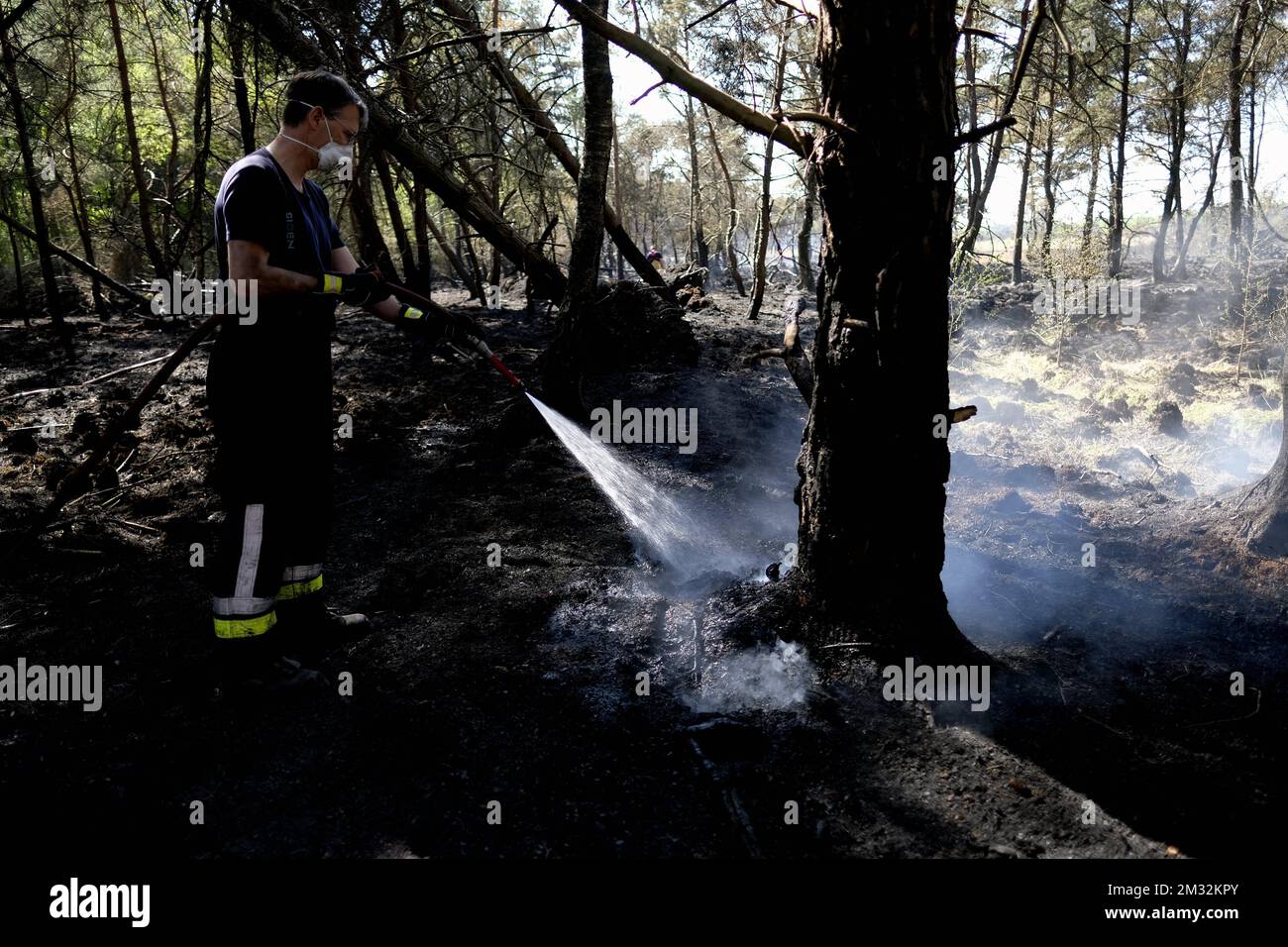 L'illustration montre un pompier parmi les dommages après un incendie important dans le domaine de la réserve naturelle 'de Liereman' à Oud-Turnhout, jeudi 23 avril 2020. 167 hectares brûlés. Le domaine a été fermé depuis lundi en raison du risque extrême d'incendie causé par la sécheresse persistante. BELGA PHOTO ERIC LALMAND Banque D'Images