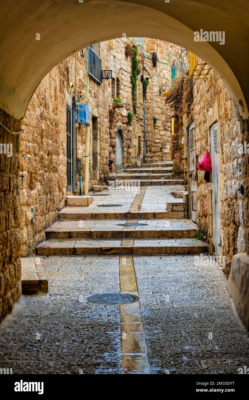 Ruelle étroite dans le Vieux Bethléem, Palestine, Israël. Banque D'Images