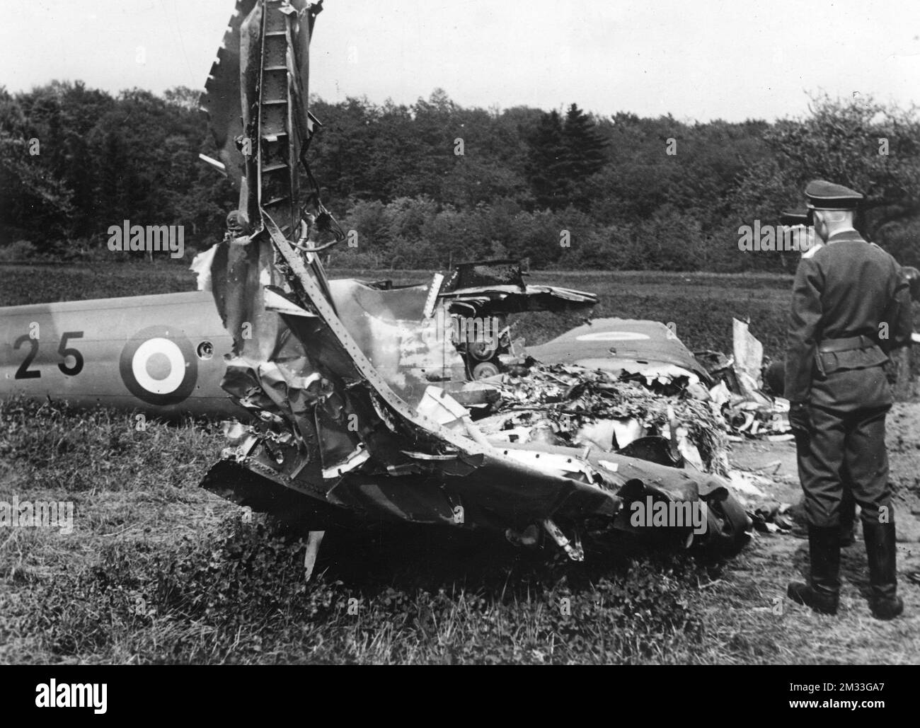 Seconda Guerra Mondiale - Soldati tedeschi della Wehrmacht guardano i rottami di un aereo da caccia francese abbattuto Banque D'Images