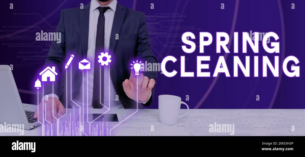 Légende du texte présentant le nettoyage de printemps. Idée d'affaires pratique de nettoyer soigneusement la maison au printemps Banque D'Images