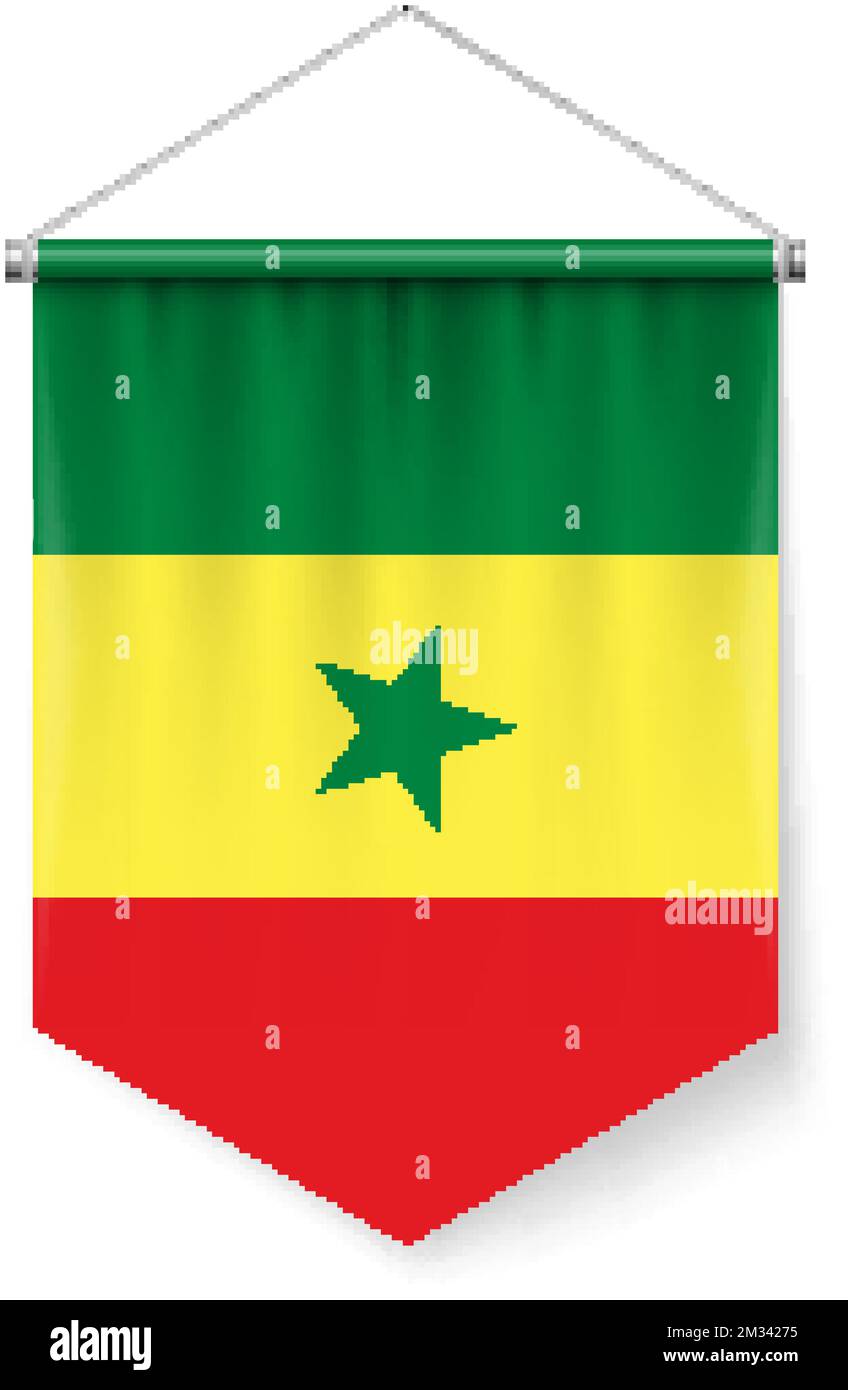 Drapeau de Pennant vertical du Sénégal comme icône sur le blanc avec des effets d'ombre. Signe patriotique couleur officielle et fleur drapeau sénégalais avec des Polonais métalliques Illustration de Vecteur