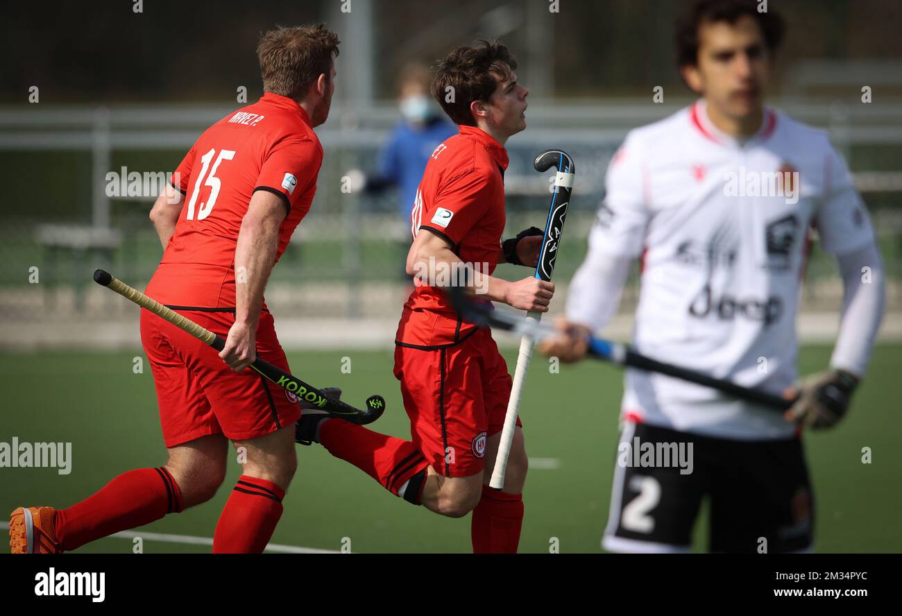 Paul Navez de Namur photographié lors d'un match de hockey entre le Royal Hockey Club Namuros et le Royal Odenbeek Hockey Club Molenbeek, dimanche 28 mars 2021 à Namur, dans la partie finale du championnat de hockey de première division belge. BELGA PHOTO VIRGINIE LEFOUR Banque D'Images