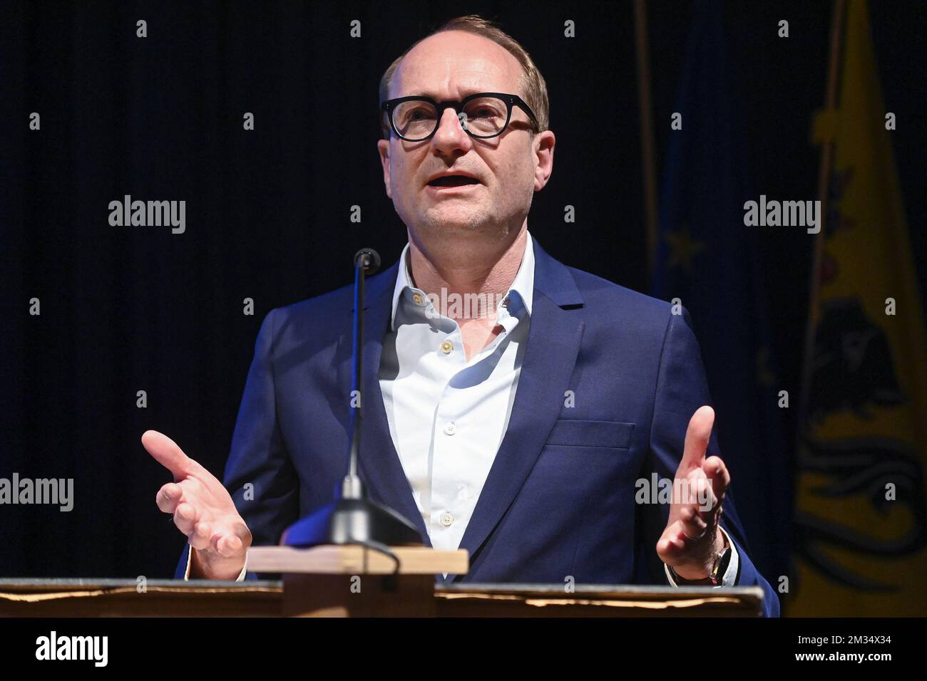 Ben Weyts, ministre flamand de l'éducation, de la protection des animaux et des sports, photographié lors d'une conférence de presse du gouvernement flamand et de la Fédération flamande de gymnastique concernant les conclusions de la commission d'enquête après des rapports d'abus systématique par les entraîneurs dans le monde de la gymnastique, vendredi 16 avril 2021 à Bruxelles. BELGA PHOTO LAURIE DIEFFEMBACQ Banque D'Images