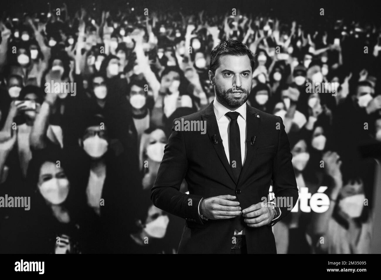 MONSIEUR le président Georges-Louis Bouchez, photographié lors de l'événement en ligne de MR, libéraux francophones à Bruxelles, le premier mai, la Journée du travail, la Journée internationale des travailleurs, le samedi 01 mai 2021. BELGA PHOTO HATIM KAGHAT Banque D'Images
