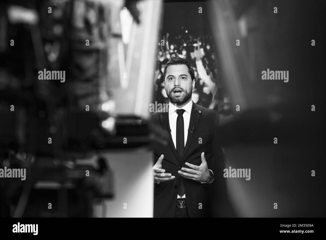 MONSIEUR le président Georges-Louis Bouchez, photographié lors de l'événement en ligne de MR, libéraux francophones à Bruxelles, le premier mai, la Journée du travail, la Journée internationale des travailleurs, le samedi 01 mai 2021. BELGA PHOTO HATIM KAGHAT Banque D'Images