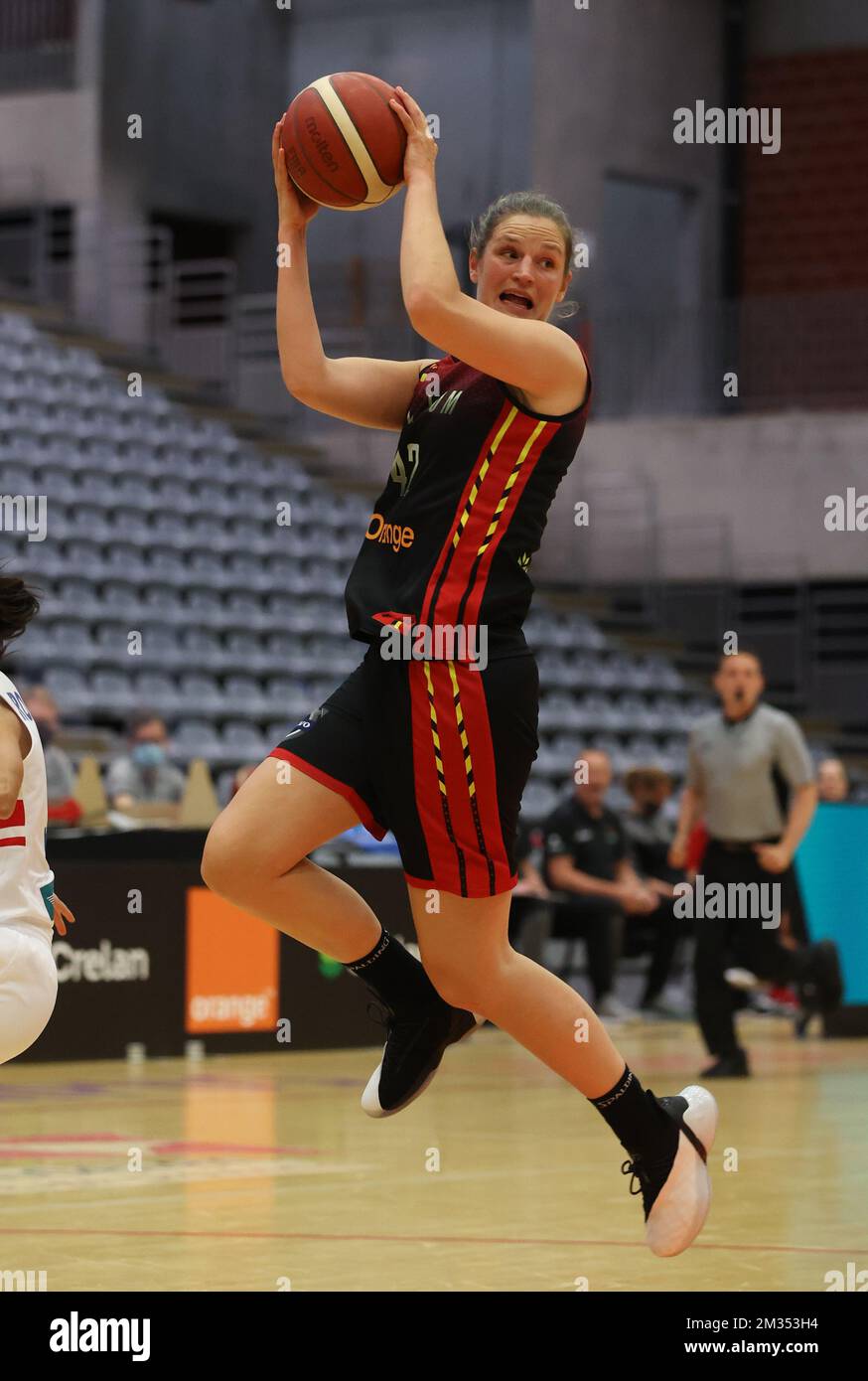 Chats belges Jana Raman photographiés en action lors d'un match de basket-ball amical entre l'équipe nationale belge les chats belges et Porto Rico, samedi 29 mai 2021 à Kortrijk. Les Cats belges préparent l'Eurobasket 2021 de la FIBA pour les femmes, qui aura lieu du 17 au 27 juin. BELGA PHOTO VIRGINIE LEFOUR Banque D'Images