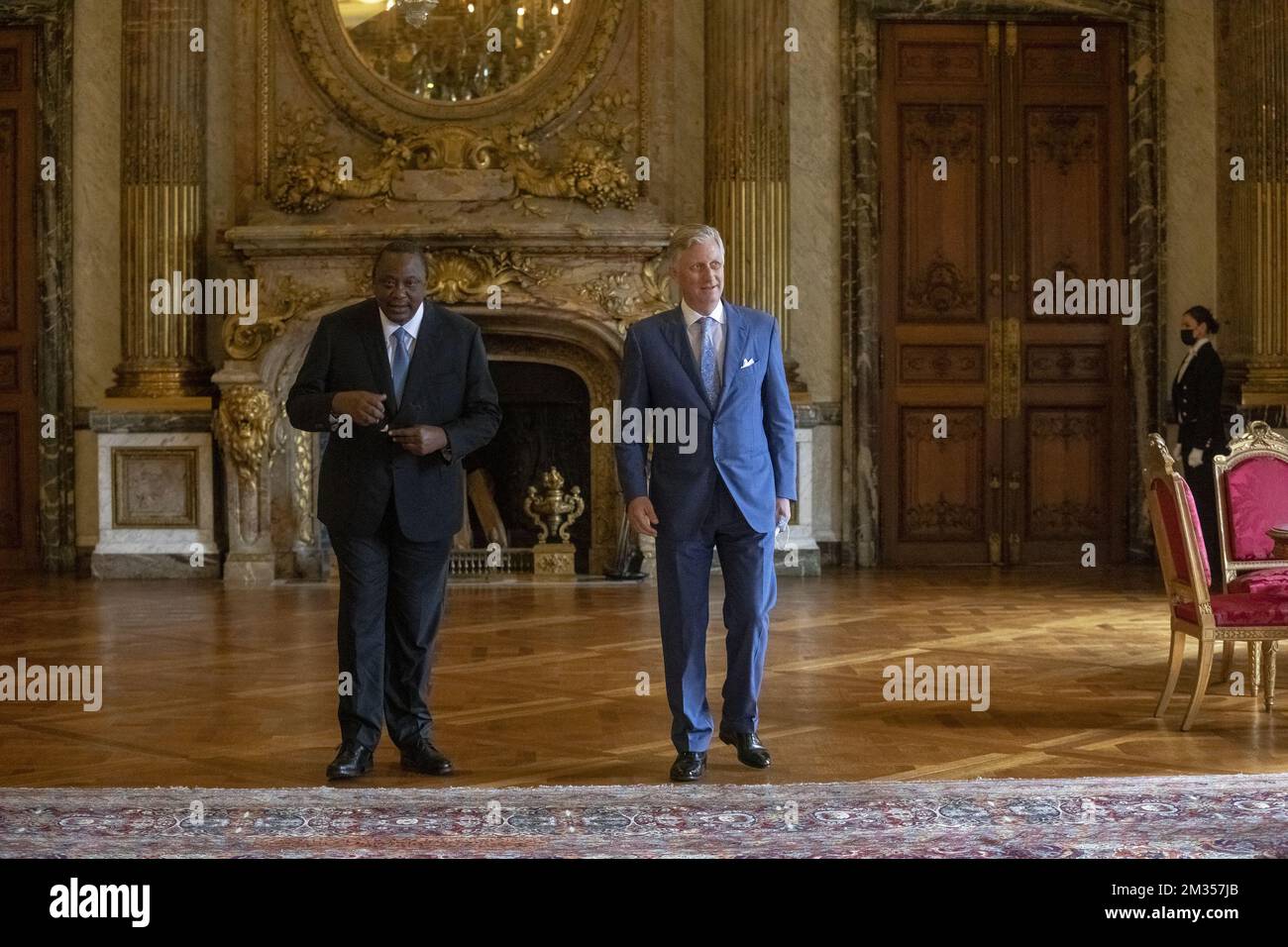 Président du Kenya Uhuru Kenyatta et roi Philippe - Filip de Belgique en photo lors d'un audience au Palais Royal de Bruxelles, le lundi 21 juin 2021. BELGA PHOTO HATIM KAGHAT Banque D'Images
