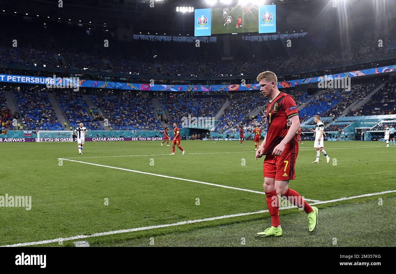 Kevin de Bruyne, de Belgique, photographié lors d'un match de football entre la Finlande et Red Devils, troisième match de la scène du groupe (groupe B) du Championnat d'Europe de football 2020 de l'UEFA, le lundi 21 juin 2021 à Saint-Pétersbourg, en Russie. BELGA PHOTO DIRK WAEM Banque D'Images