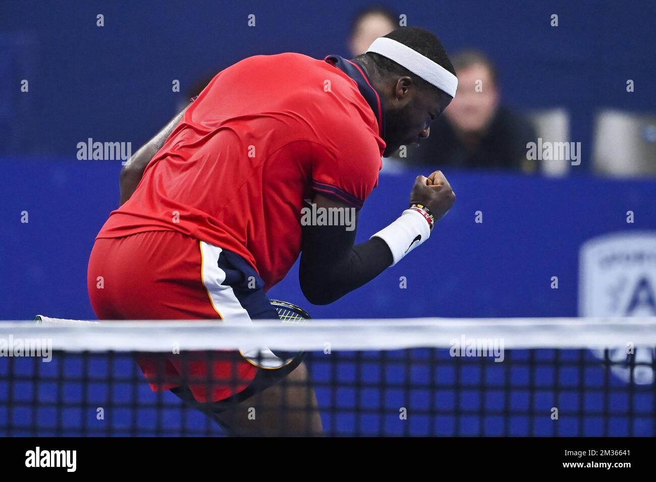 US Frances Tiafoe fête lors d'un match entre US Tiafoe et Britain's Murray, lors de la première partie du tournoi européen Open de tennis ATP, à Anvers, le mardi 19 octobre 2021. BELGA PHOTO LAURIE DIEFFEMBACQ Banque D'Images