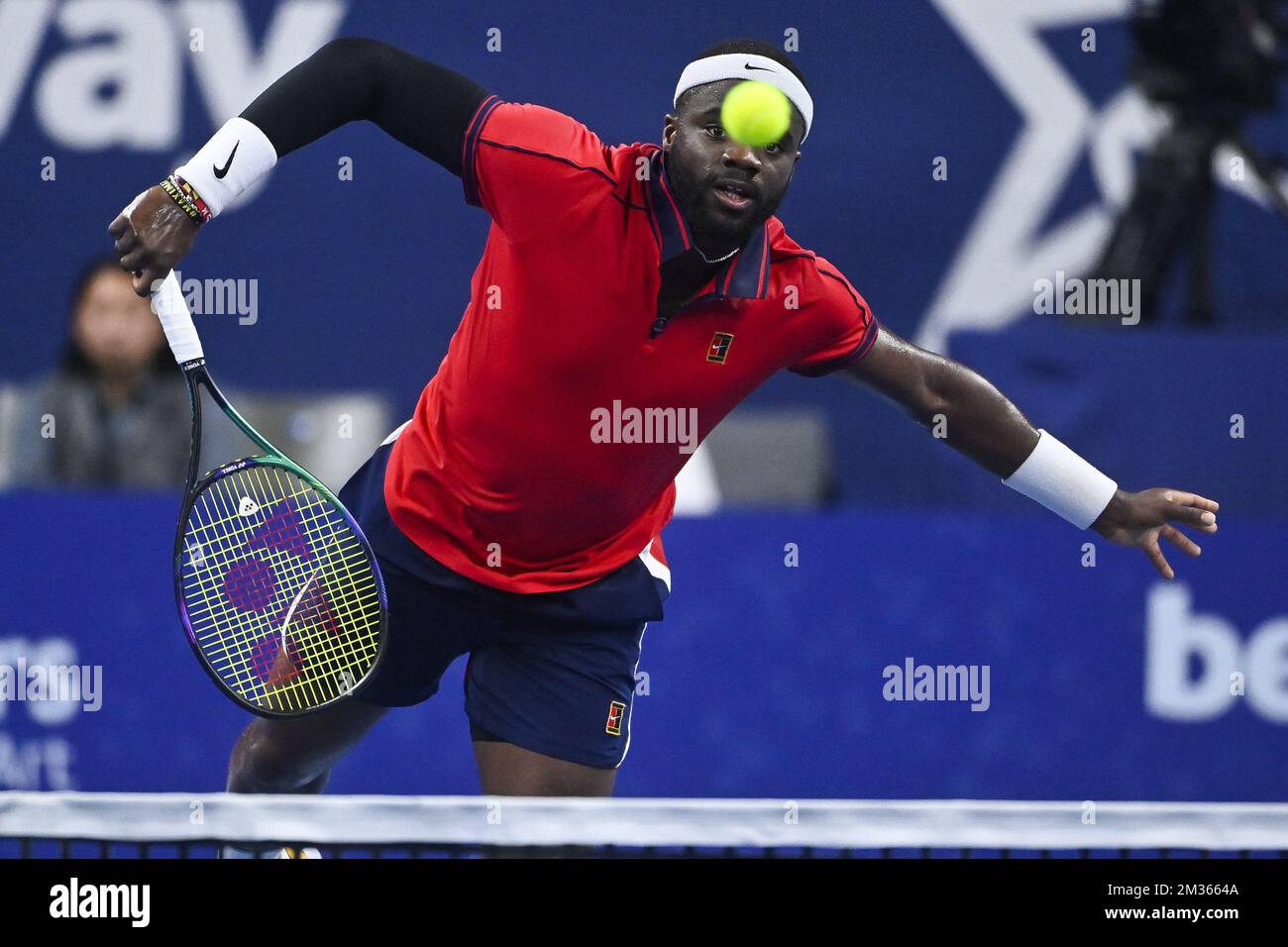 US Frances Tiafoe photographié en action lors d'un match entre US Tiafoe et Britain Murray, lors de la première partie du tournoi européen Open de tennis ATP, à Anvers, le mardi 19 octobre 2021. BELGA PHOTO LAURIE DIEFFEMBACQ Banque D'Images